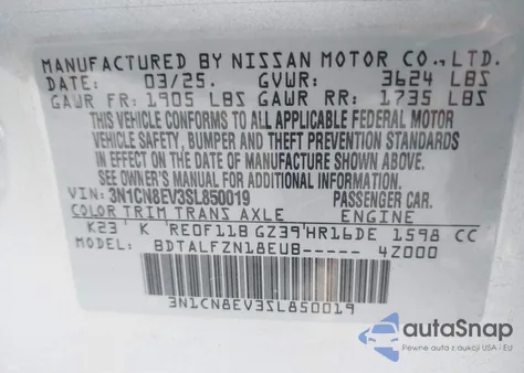 2025 Nissan Versa Sv from USA, damaged, VIN 3N1CN8EV3SL850019